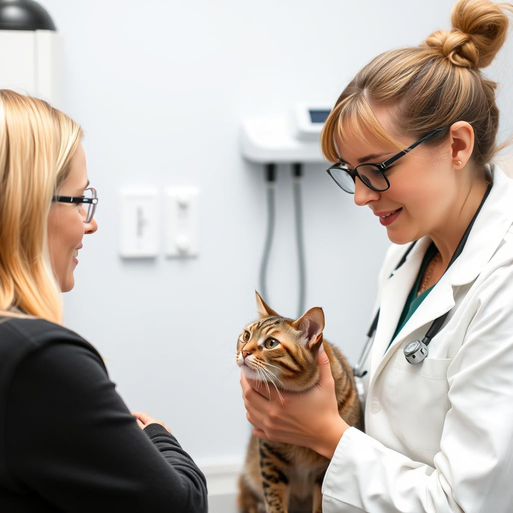 veterinaria viendo gato con cliente