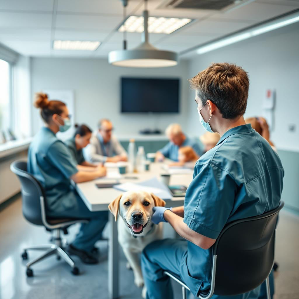 reunión del personal sanitario con perro